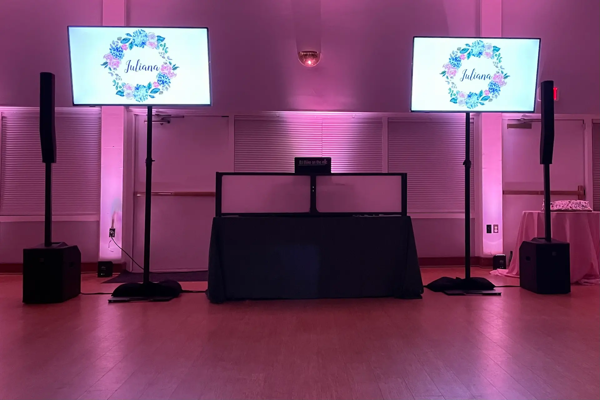 55TVs-Room-uplighting-mitzvah-wedding-baltimore-dj-mike-on-the-mic-tv-rental TVs – Big-Screen Fun for Logos, Montages, Videos and Games